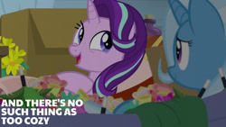 Size: 1280x720 | Tagged: safe, edit, edited screencap, editor:quoterific, screencap, starlight glimmer, trixie, pony, unicorn, g4, road to friendship, season 8, box, cute, duo, female, glimmerbetes, mare, open mouth, open smile, smiling, text