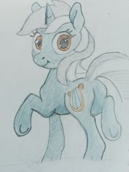 Size: 599x800 | Tagged: safe, artist:ponsce, lyra heartstrings, pony, unicorn, g4, looking at you, looking back, looking back at you, solo, traditional art