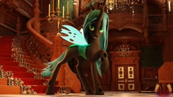 Size: 3840x2160 | Tagged: safe, artist:loveslove, queen chrysalis, changeling, changeling queen, g4, 3d, 4k, blender, candle, carpet, castle, female, grin, high res, horn, insect wings, looking at you, mansion, mare, not sfm, raised hoof, red carpet, resident evil, resident evil 8, smiling, smiling at you, solo, spread wings, stairs, wings