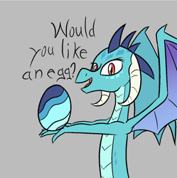 Size: 1080x1083 | Tagged: safe, artist:happy harvey, princess ember, dragon, g4, dialogue, dragoness, drawthread, egg, female, gray background, holding, looking at you, offering, phone drawing, simple background, spread wings, wings