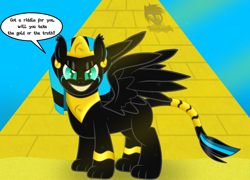 Size: 5760x4154 | Tagged: safe, artist:damlanil, oc, oc:nightlight aura, pony, sphinx, comic, commission, crown, egyptian, egyptian headdress, evil grin, female, grin, implied transformation, jewelry, makeup, mare, mascara, necklace, regalia, sharp teeth, show accurate, smiling, solo, species swap, speech bubble, sphinxified, spread wings, story, story in the source, teeth, text, vector, wings