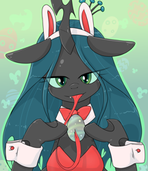 Size: 1280x1480 | Tagged: safe, artist:batipin, queen chrysalis, changeling, changeling queen, g4, bedroom eyes, bunny suit, clothes, cuffs (clothes), easter egg, egg, eye clipping through hair, female, long tongue, looking at you, solo, tongue out