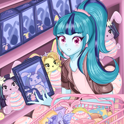 Size: 1000x1000 | Tagged: safe, alternate version, artist:namieart, adagio dazzle, aria blaze, sonata dusk, human, rabbit, equestria girls, g4, animal, anime style, bunnified, easter, easter egg, happy easter, holiday, plushie, shopping, shopping cart, solo, species swap, the dazzlings, toy