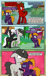 Size: 1920x3168 | Tagged: safe, artist:alexdti, oc, oc only, oc:bass sparks, oc:purple creativity, oc:shadow gear, oc:slide fortissimo, earth pony, pegasus, pony, unicorn, comic:quest for friendship, bump, bush, comic, dialogue, ear piercing, earring, ears back, earth pony oc, eyes closed, female, folded wings, glasses, high res, hooves, horn, jewelry, looking at each other, looking at someone, looking back, male, mare, misspelling, nose wrinkle, onomatopoeia, open mouth, open smile, outdoors, pegasus oc, piercing, pointing, ponytail, raised eyebrow, raised hoof, raised leg, scrunchy face, shadow, smiling, speech bubble, stallion, standing, tail, unicorn oc, walking, wall of tags, wings
