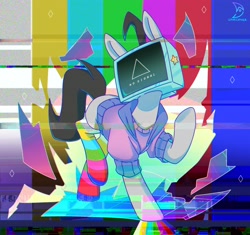 Size: 2636x2480 | Tagged: safe, artist:wavecipher, oc, oc only, oc:mono, earth pony, pony, aesthetics, clothes, error, glitch, high res, hoodie, object head, socks, solo, striped socks, television