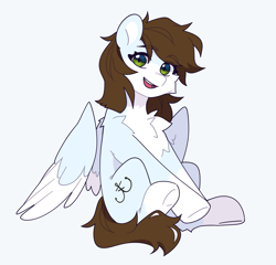 Size: 2083x2000 | Tagged: safe, artist:floweryoutoday, oc, oc only, oc:serenade sky, pegasus, pony, blue coat, brown mane, brown tail, coat markings, colored ears, colored wings, female, gray background, green eyes, high res, looking at you, mare, open mouth, pale belly, partially open wings, simple background, sitting, smiling, smiling at you, socks (coat markings), solo, tail, two toned wings, white background, wings