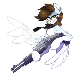 Size: 2000x2000 | Tagged: safe, artist:wacky-skiff, oc, oc only, oc:serenade sky, pegasus, pony, bedroom eyes, chest fluff, coat markings, colored ear fluff, colored wings, gun, high res, leg fluff, looking at you, necktie, pale belly, shotgun, simple background, socks (coat markings), solo, spas-12, spread wings, transparent background, two toned wings, weapon, wings