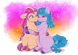 Size: 1280x905 | Tagged: safe, artist:delfinaluther, izzy moonbow, sunny starscout, earth pony, pony, unicorn, g5, chest fluff, cuddling, female, heart, horn, hug, lesbian, love, ship:moonscout, shipping