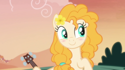 Size: 1280x720 | Tagged: safe, screencap, pear butter, earth pony, pony, g4, season 7, the perfect pear, blushing, cute, daaaaaaaaaaaw, female, guitar, implied bright mac, mare, musical instrument, pearabetes, smiling, solo