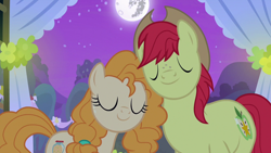 Size: 1280x720 | Tagged: safe, screencap, bright mac, pear butter, earth pony, pony, g4, season 7, the perfect pear, duo, eyes closed, female, male, mare, mare in the moon, marriage, moon, ship:brightbutter, shipping, shipping fuel, stallion, straight, wedding