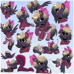Size: 2500x2500 | Tagged: safe, artist:syrupyyy, tempest shadow, oc, pegasus, pony, g4, boop, bow, canon x oc, clothes, colored pinnae, ear piercing, female, flying, gradient background, hair bow, high res, hoodie, mare, mug, noseboop, onomatopoeia, open mouth, pegasus oc, piercing, poses, skirt, sleeping, solo, sound effects, spread wings, tongue out, wings, zzz