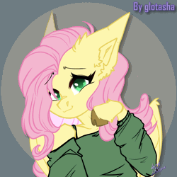 Size: 1080x1080 | Tagged: safe, artist:glotasha, fluttershy, pegasus, pony, semi-anthro, g4, animated, arm hooves, auction, bashful, blinking, blushing, clothes, commission, cute, gif, heart, hooves, looking at you, looking sideways, shy, shyabetes, smiling, solo, top, ych animation, ych example, your character here