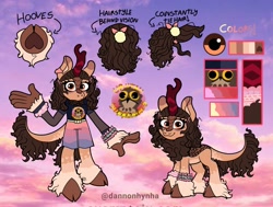 Size: 2310x1747 | Tagged: safe, artist:dannonhynha, oc, kirin, anthro, clothes, curly hair, cute, kirin oc, looking at you, pastel, phone drawing, ponysona, potoo, potoobird, reference, reference sheet, sky, smiling, solo, sunset