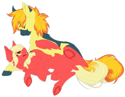 Size: 1434x1112 | Tagged: safe, artist:requiem♥, oc, oc only, oc:melodis, oc:yaktan, pegasus, pony, blue eyes, blue fur, commission, duo, female, green eyes, hooves, hug, male, melotan, oc x oc, red fur, shipping, simple background, straight, transparent background, ych result, yellow fur