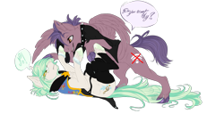Size: 1731x887 | Tagged: safe, artist:requiem♥, oc, oc only, oc:blindside, oc:requiem, pegasus, pony, unicorn, clothes, duo, green hooves, green mane, purple hooves, purple mane, simple background, transparent background, white fur, yellow eyes