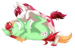 Size: 1611x1033 | Tagged: safe, artist:requiem♥, oc, oc only, oc:jonin, pony, unicorn, commission, duo, green fur, pink fur, playful, red eyes, simple background, transparent background, white fur, ych result