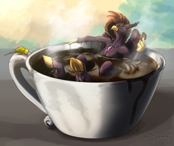 Size: 1200x1007 | Tagged: safe, artist:sunny way, oc, oc only, oc:orchid, bird, budgie, hippogriff, parrot, big, chill, coffee, cookie, cup, eyes closed, feather, female, feral, food, happy, hot, patreon, patreon reward, relaxing, small, solo