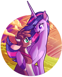 Size: 1200x1494 | Tagged: safe, artist:thescornfulreptilian, arizona (tfh), twilight sparkle, alicorn, cow, pony, them's fightin' herds, g4, the last problem, community related, duo, duo female, eye clipping through hair, eyebrows, eyebrows visible through hair, female, frown, looking at each other, looking at someone, mare, older, older twilight, older twilight sparkle (alicorn), open mouth, open smile, princess twilight 2.0, sad, side hug, simple background, smiling, tara strong, transparent background, twilight sparkle (alicorn), voice actor joke