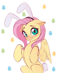 Size: 1713x2186 | Tagged: safe, artist:vetta, fluttershy, pegasus, pony, g4, blushing, bunny ears, bunny tail, cute, female, floppy ears, looking at you, mare, shyabetes, simple background, sitting, smiling, solo, spread wings, tail, white background, wings