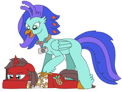 Size: 2938x2227 | Tagged: safe, artist:supahdonarudo, oc, oc only, oc:ironyoshi, oc:sea lilly, classical hippogriff, hippogriff, pony, unicorn, annoyed, camera, clothes, high res, jewelry, looking down, lying down, necklace, prone, redraw, shirt, simple background, transparent background