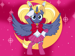 Size: 2784x2088 | Tagged: safe, artist:badumsquish, derpibooru exclusive, star tracker, alicorn, pony, g4, abstract background, alicornified, bipedal, boots, bow, chibiusa, choker, clothes, crescent moon, crossdressing, crossplay, cute, femboy, freckles, frown, gloves, hair ornament, heart, high res, jewelry, long mane, long tail, male, moon, necklace, pigtails, pose, race swap, rini tsukino, sailor chibi moon, sailor moon (series), sailor tracker, sailor uniform, salute, shoes, show accurate, skirt, solo, species swap, spread wings, stallion, starcrossed, stars, tail, tiara, trackerbetes, trackercorn, trap, twintails, uniform, wings