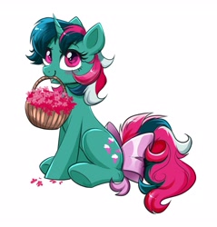 Size: 3366x3517 | Tagged: safe, artist:confetticakez, fizzy, pony, unicorn, g1, g4, basket, blushing, bow, cute, female, fizzybetes, g1 to g4, generation leap, high res, mare, mouth hold, simple background, solo, tail, tail bow, white background