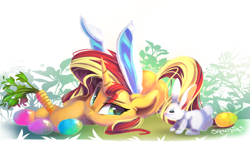 Size: 1354x800 | Tagged: safe, artist:sketchiix3, sunset shimmer, pony, rabbit, unicorn, animal, bunny ears, carrot, cute, easter, easter egg, female, food, holiday, hoof hold, lying down, mare, on side, shimmerbetes, solo