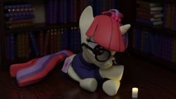 Size: 3840x2160 | Tagged: safe, artist:the luna fan, derpibooru exclusive, moondancer, pony, unicorn, g4, 3d, blender, blender cycles, book, bookshelf, candle, clothes, glasses, high res, looking down, night, solo, sweater, twilight sparkle's cutie mark