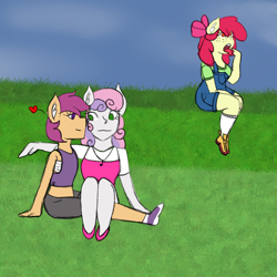 Size: 2048x2048 | Tagged: safe, artist:mintymelody, apple bloom, scootaloo, sweetie belle, earth pony, anthro, g4, cutie mark crusaders, disgusted, female, floating heart, heart, high res, lesbian, looking at each other, looking at someone, open mouth, ship:scootabelle, shipping, sitting on lap, tongue out
