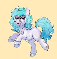 Size: 3213x3317 | Tagged: safe, artist:lightisanasshole, izzy moonbow, pony, unicorn, g5, bracelet, female, glasses, high res, jewelry, looking at you, mare, open mouth, open smile, orange background, signature, simple background, smiling, smiling at you, solo, traditional art, watercolor painting