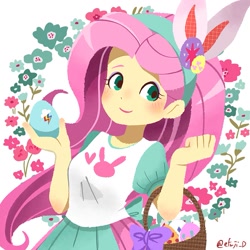 Size: 1277x1277 | Tagged: safe, artist:efuji_d, fluttershy, human, equestria girls, g4, basket, blushing, bunny ears, cute, easter, easter basket, easter egg, female, flower, holiday, implied applejack, implied rainbow dash, implied rarity, looking at you, shyabetes, smiling, smiling at you, solo
