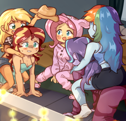 Size: 1500x1435 | Tagged: safe, artist:lorepeepsblue, artist:mlp-cam, applejack, fluttershy, rainbow dash, starlight glimmer, sunset shimmer, human, comic:equestria girls curse and madness, equestria girls, g4, all fours, applejack's hat, bare shoulders, blushing, breasts, bunny pajamas, cleavage, clothes, comic, cowboy hat, hat, humans riding humans, one-panel comic, onesie, pajamas, sleepover, sleeveless, slumber party, socks, stocking feet, sweat, sweatdrops