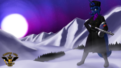 Size: 7680x4320 | Tagged: safe, artist:tsaritsaluna, princess luna, alicorn, anthro, g4, armband, bipedal, boots, clothes, female, gloves, hat, looking at you, mare, moon, mountain, ppsh-41, russia, scarf, shoes, snow, solo, standing, tree, uniform, ushanka