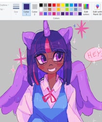 Size: 519x622 | Tagged: safe, artist:mercysstrap, twilight sparkle, alicorn, human, g4, 2022, blush sticker, blushing, clothes, dark skin, eared humanization, eyebrows, eyebrows visible through hair, glasses, gray background, horn, horned humanization, humanized, ms paint, round glasses, shirt, simple background, smiling, solo, twilight sparkle (alicorn), vest, winged humanization, wings