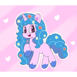 Size: 2048x2048 | Tagged: safe, artist:limitmj, izzy moonbow, pony, unicorn, g5, abstract background, cute, female, flower, flower in hair, heart, high res, izzybetes, mare, open mouth, open smile, smiling, solo, unshorn fetlocks