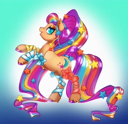 Size: 4096x3975 | Tagged: safe, artist:opalacorn, sunny starscout, earth pony, pony, g5, absurd resolution, alternate hairstyle, female, gradient background, looking at you, mane stripe sunny, mare, open mouth, open smile, rearing, signature, smiling, smiling at you, solo, stars, unshorn fetlocks