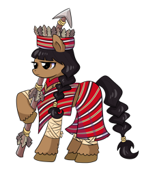 Size: 3723x4000 | Tagged: safe, artist:windywendy29, derpibooru exclusive, oc, oc only, oc:ligaya, earth pony, pony, bandage, clothes, feather, female, filipino, hat, mare, midriff, philippines, poncho, raised hoof, simple background, skirt, solo, spear, transparent background, unshorn fetlocks, weapon