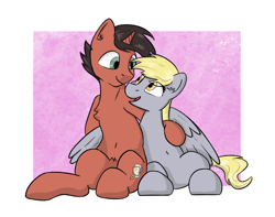 Size: 2012x1586 | Tagged: safe, artist:single purpose, derpy hooves, oc, pony, unicorn, g4, belly, belly button, canon x oc, cuddling, female, hug, looking at each other, looking at someone, male, mare, shipping, simple background, sitting, stallion, sternocleidomastoid, winghug, wings