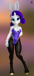 Size: 930x2056 | Tagged: safe, artist:thirteeenth, rarity, unicorn, anthro, unguligrade anthro, g4, 3d, 3d model, bowtie, bunny ears, bunny suit, clothes, digital art, female, looking at you, pantyhose, playboy bunny, render, signature, simple background, smiling, smiling at you, solo