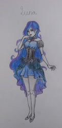 Size: 1999x4143 | Tagged: safe, artist:lystic girl, kotobukiya, princess luna, human, g4, anime, clothes, corset, dress, hand on chin, humanized, kotobukiya princess luna, looking at you, redraw, solo, traditional art