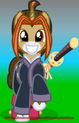 Size: 660x1032 | Tagged: safe, artist:samurai echidna, artist:samurai equine, oc, oc only, oc:samurai equine, pony, unicorn, boots, clothes, happy, japanese, katana, looking at you, male, shoes, simple background, smiling, stallion, sword, vector, weapon