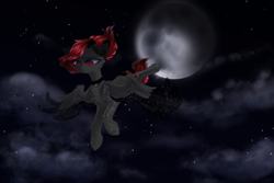 Size: 3000x2000 | Tagged: safe, artist:jsunlight, oc, oc only, pegasus, pony, chest fluff, colored ears, colored wings, colored wingtips, female, floral markings, flying, full moon, gray coat, high res, mare, moon, night, night sky, no pupils, red eyes, red mane, red tail, sky, solo, spread wings, starry wings, stars, tail, two toned wings, wings