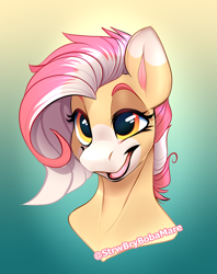 Size: 1348x1703 | Tagged: safe, artist:strwbrybobamare, oc, oc only, oc:strawberry boba, pegasus, pony, bust, cute, digital art, female, gradient background, happy, icon, mare, ocbetes, open mouth, open smile, pegasus oc, signature, smiling, solo, sternocleidomastoid, stylized