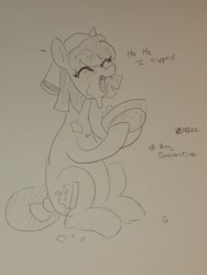 Size: 1536x2048 | Tagged: safe, artist:pony quarantine, oc, oc only, oc:marzipan, earth pony, pony, bowl, eyes closed, female, food, grayscale, mare, messy, monochrome, open mouth, open smile, pencil drawing, sitting, smiling, solo, traditional art