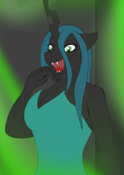 Size: 595x842 | Tagged: safe, artist:afhybrid, queen chrysalis, changeling, changeling queen, anthro, g4, clothes, dress, evil laugh, female, laughing, noblewoman's laugh, open mouth, solo