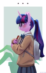 Size: 1283x2048 | Tagged: safe, artist:mrscroup, twilight sparkle, unicorn, anthro, g4, adorkable, backpack, blushing, book, clothes, cute, dork, female, glasses, meganekko, nerd, pince-nez, ponytail, round glasses, side view, skirt, solo, twiabetes