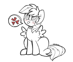 Size: 1461x1258 | Tagged: safe, artist:kittyrosie, rainbow dash, pegasus, pony, g4, angry, blushing, cross-popping veins, cute, doodle, madorable, monochrome, pictogram, simple background, sketch, solo, speech bubble, tongue out, white background