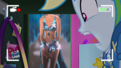 Size: 3416x1920 | Tagged: safe, edit, edited screencap, editor:itsmgh1203, screencap, rainbow dash, human, do it for the ponygram!, equestria girls, g4, my little pony equestria girls: better together, animal costume, belly button, bird costume, clothes, costume, crack shipping, crossover, crossover shipping, cutie mark on clothes, disco ball, fanservice, female, geode of super speed, infidelity, jewel gunderson, jewelry, lesbian, light, linda gunderson, lindadash, lockers, magical geodes, necklace, open mouth, photo, rainbow dash's prank fail, rio, shipping