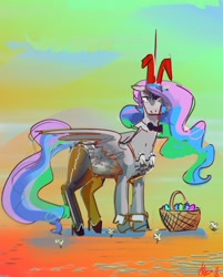 Size: 2464x3059 | Tagged: safe, artist:alumx, princess celestia, alicorn, pony, g4, abstract background, basket, bowtie, bunny ears, bunny suit, bunnylestia, celestia is not amused, clothes, cuffs (clothes), easter, easter basket, easter egg, female, high heels, high res, holiday, looking at you, mare, shoes, solo, unamused