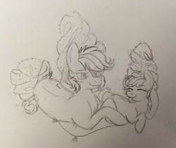 Size: 1280x1081 | Tagged: safe, artist:pink-pone, apple bloom, applejack, earth pony, pony, g4, female, filly, foal, mare, siblings, sisters, sketch, tongue out, towel, traditional art